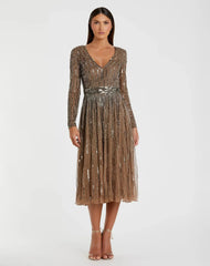 Brown Long Sleeve Tea Length Dress