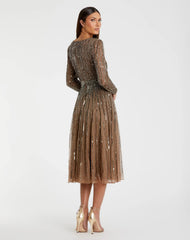 Brown Long Sleeve Tea Length Dress