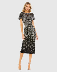 Black Embellished High Neck Flutter Sleeve Dress