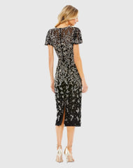 Black Embellished High Neck Flutter Sleeve Dress