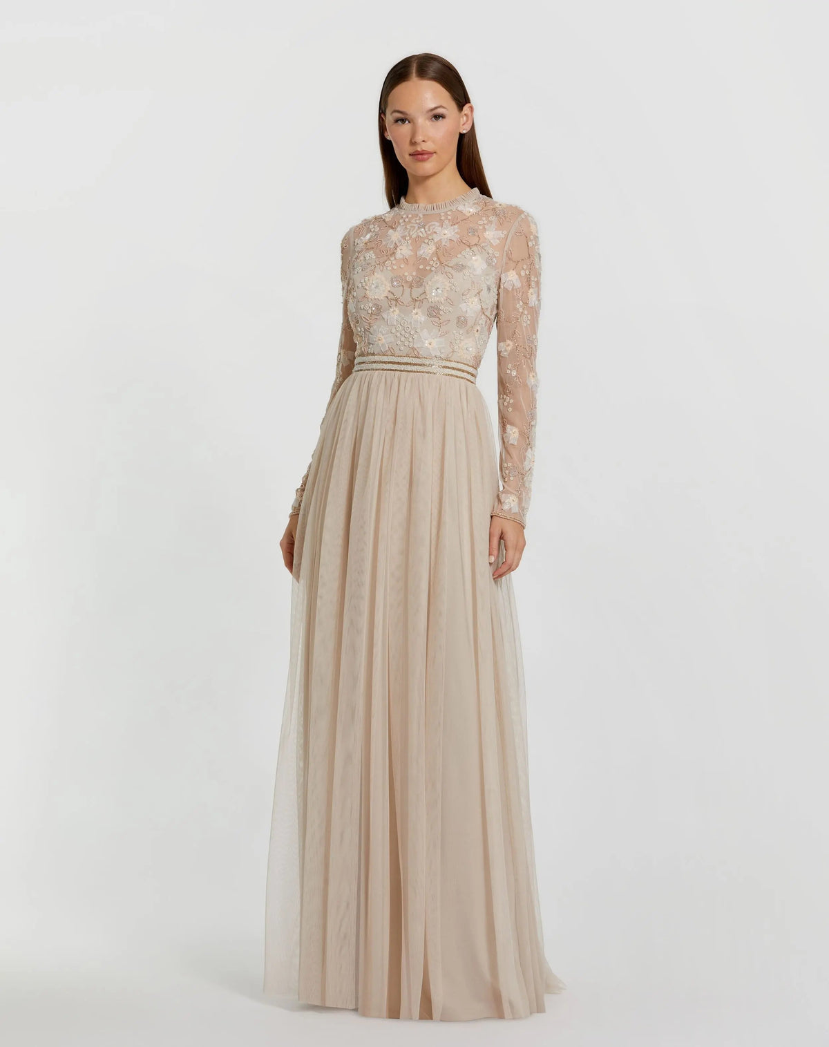Beige Embellished Illusion High Neck Long Sleeve Gown