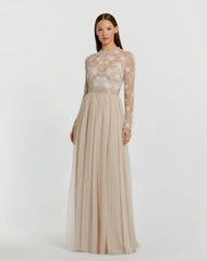 Beige Embellished Illusion High Neck Long Sleeve Gown