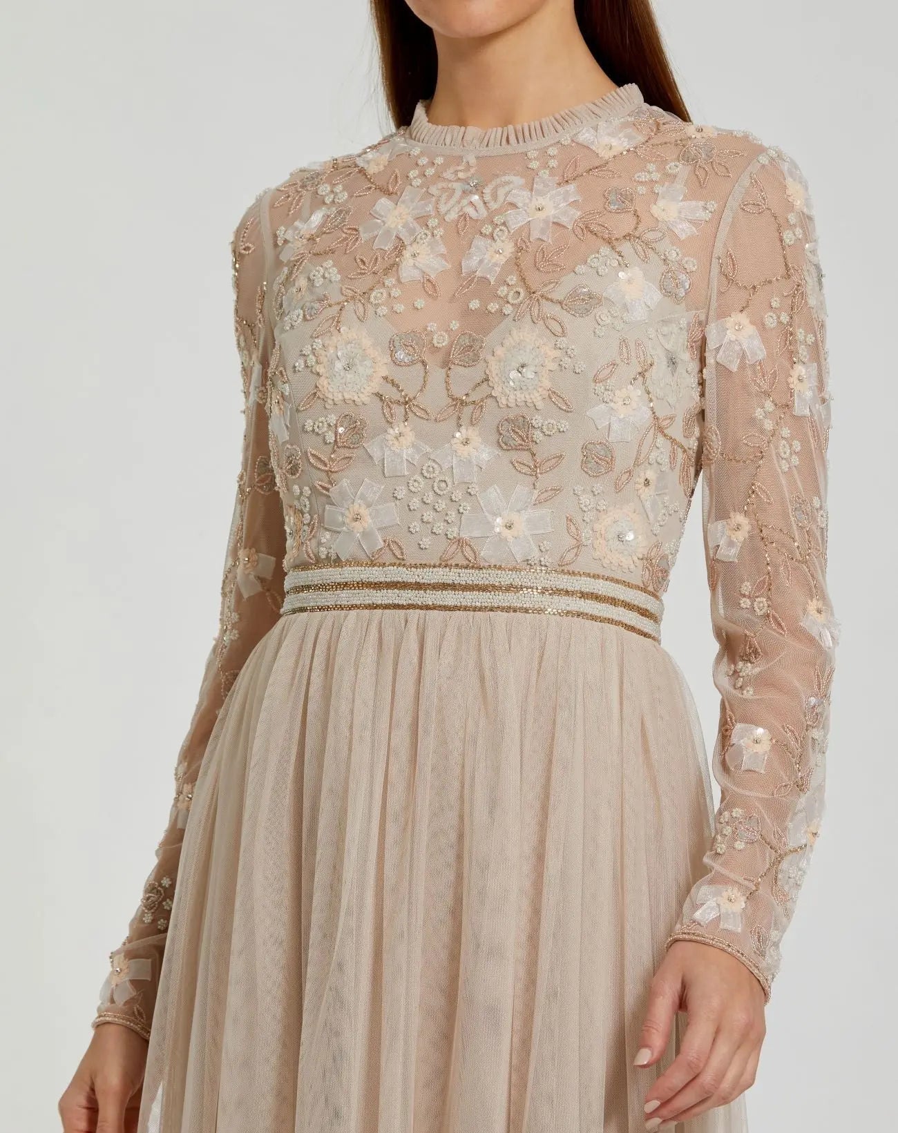 Beige Embellished Illusion High Neck Long Sleeve Gown