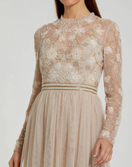 Beige Embellished Illusion High Neck Long Sleeve Gown