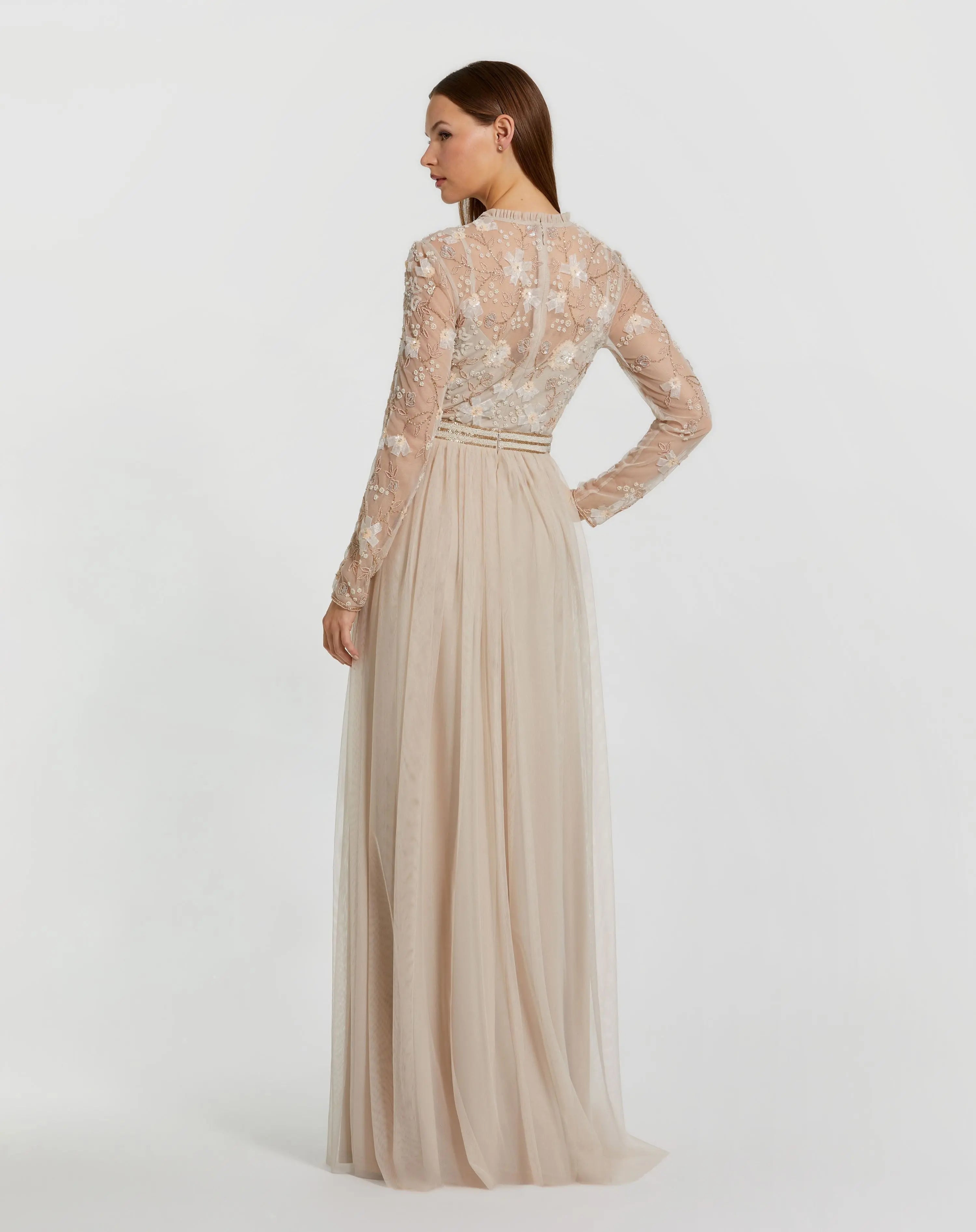 Beige Embellished Illusion High Neck Long Sleeve Gown