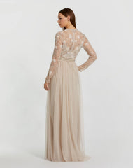 Beige Embellished Illusion High Neck Long Sleeve Gown