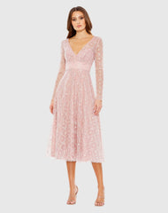 Pink Embellished Illusion Long Sleeve Dress