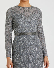 Gray Embellished Illusion Sheath Dress
