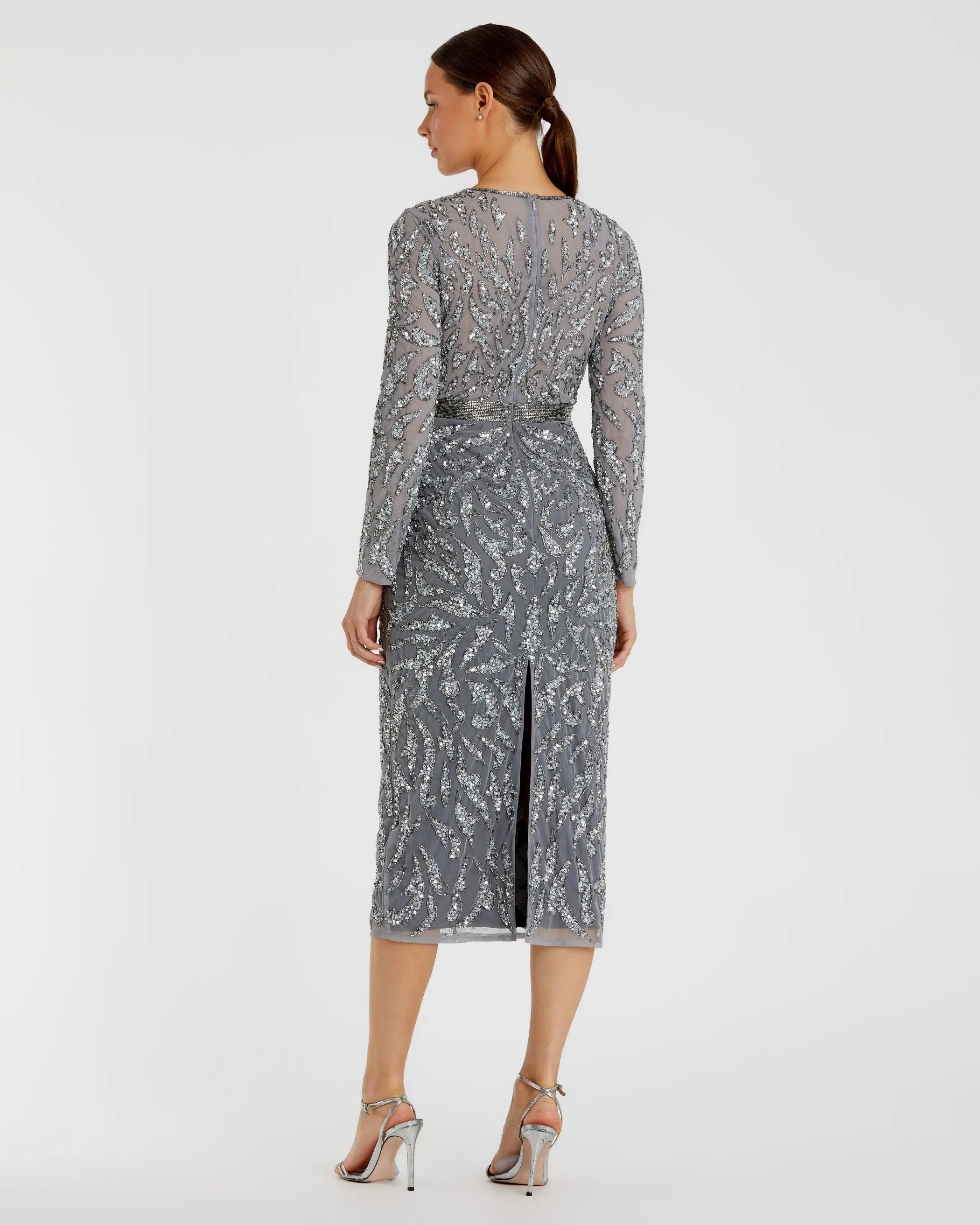 Gray Embellished Illusion Sheath Dress