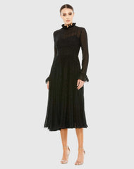 Black Embroidered Long Sleeve Ruffle Dress