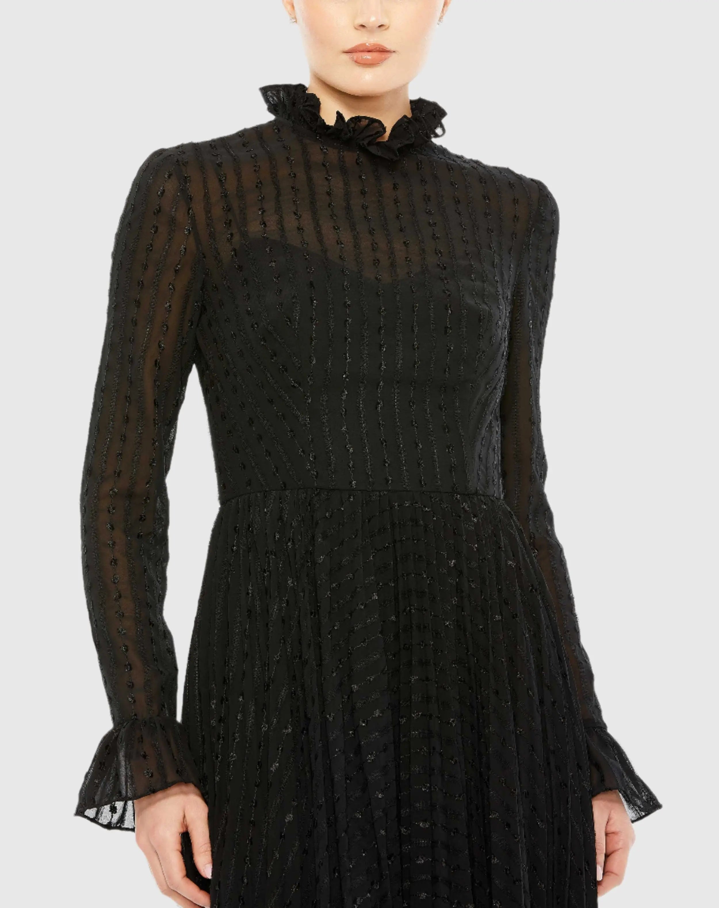 Black Embroidered Long Sleeve Ruffle Dress