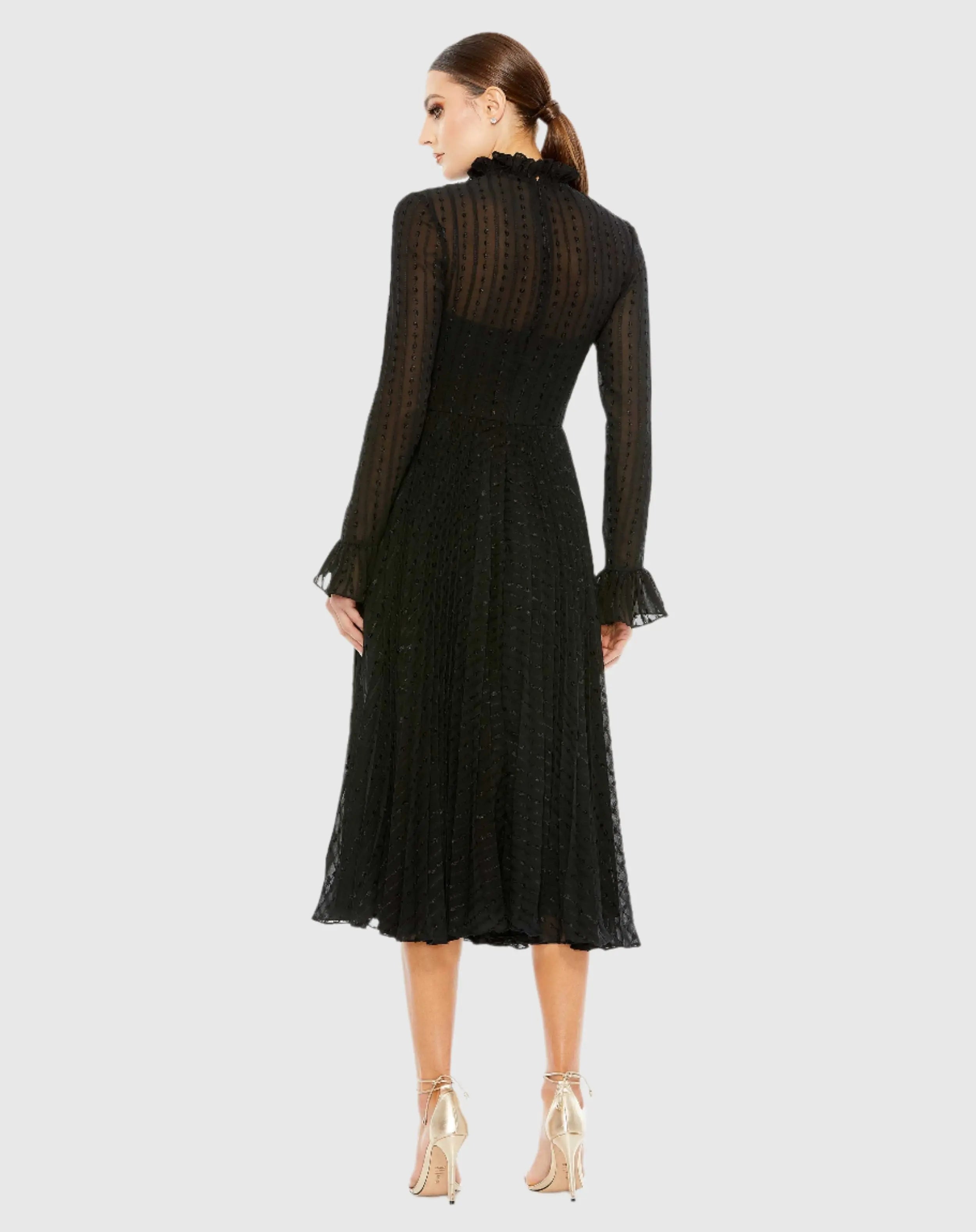 Black Embroidered Long Sleeve Ruffle Dress