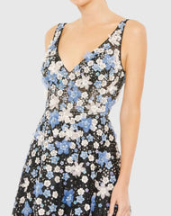 Black Floral Applique Sleeveless A-Line Evening Gown