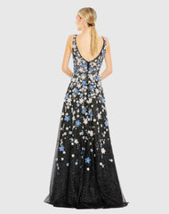 Black Floral Applique Sleeveless A-Line Evening Gown