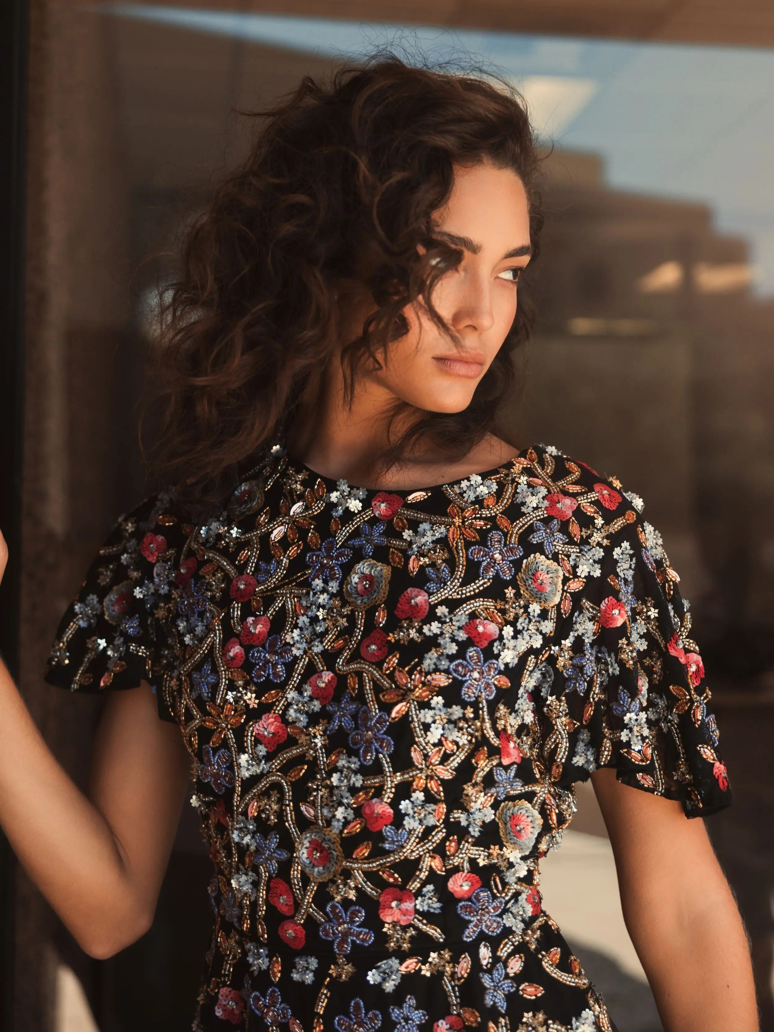 Black Floral Embellished Butterfly Sleeve Peplum Top - FINAL SALE