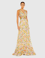 Multicolor Floral Print Cut Out Lace Up Tiered Gown - FINAL SALE