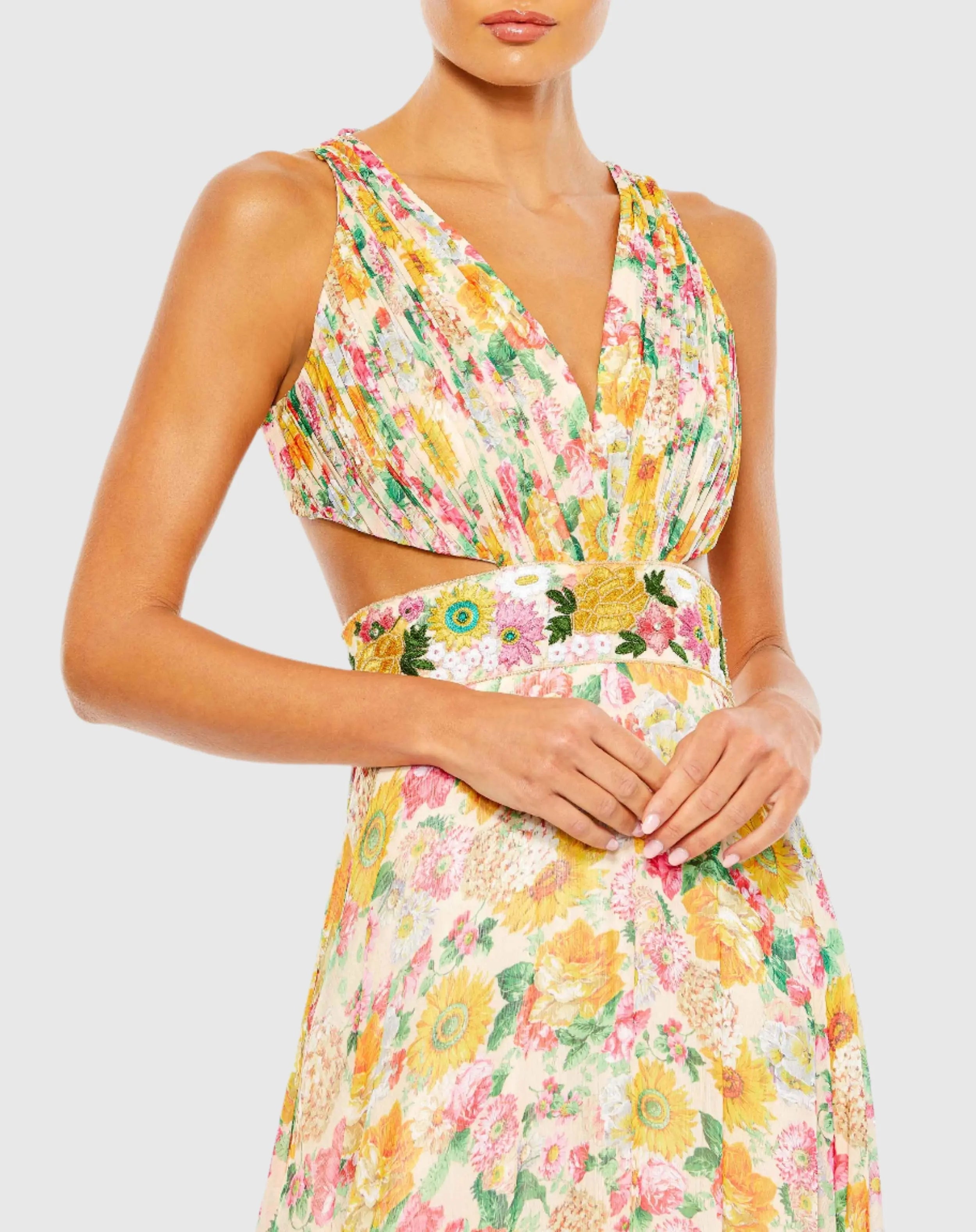 Multicolor Floral Print Cut Out Lace Up Tiered Gown - FINAL SALE