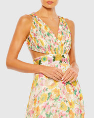 Multicolor Floral Print Cut Out Lace Up Tiered Gown - FINAL SALE
