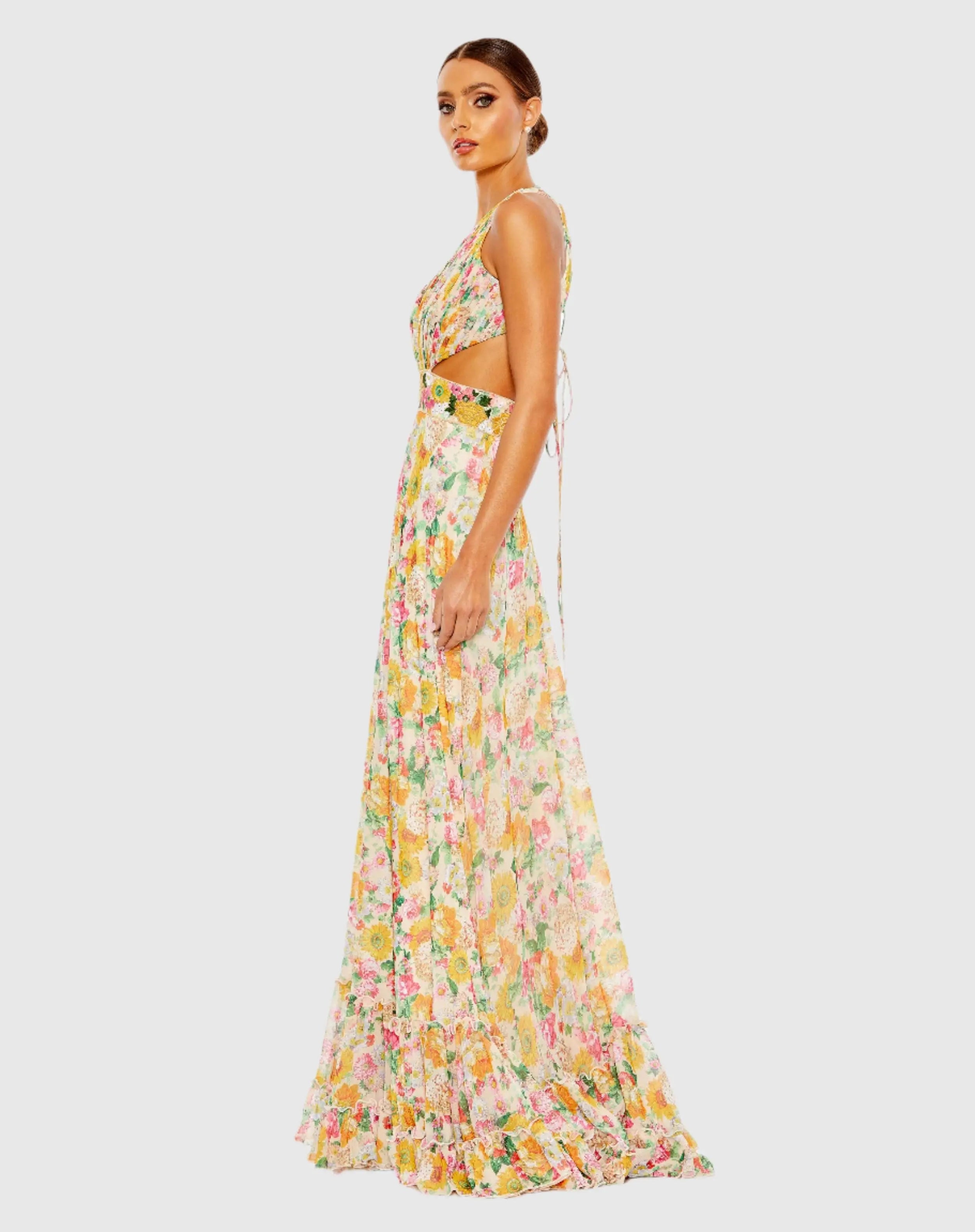 Multicolor Floral Print Cut Out Lace Up Tiered Gown - FINAL SALE