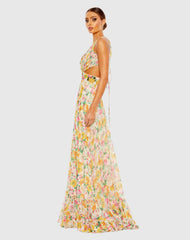 Multicolor Floral Print Cut Out Lace Up Tiered Gown - FINAL SALE
