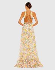 Multicolor Floral Print Cut Out Lace Up Tiered Gown - FINAL SALE