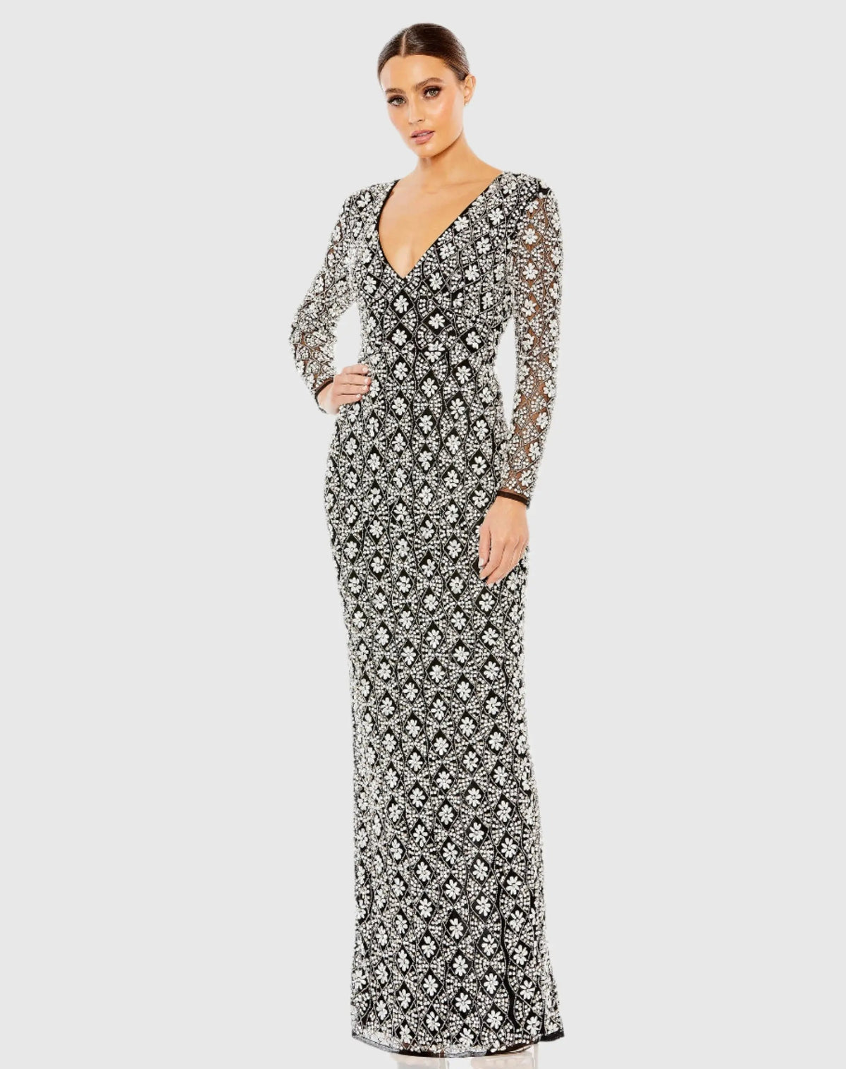 Black Fully Beaded Long Sleeve Column Gown