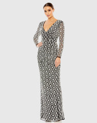 Black Fully Beaded Long Sleeve Column Gown