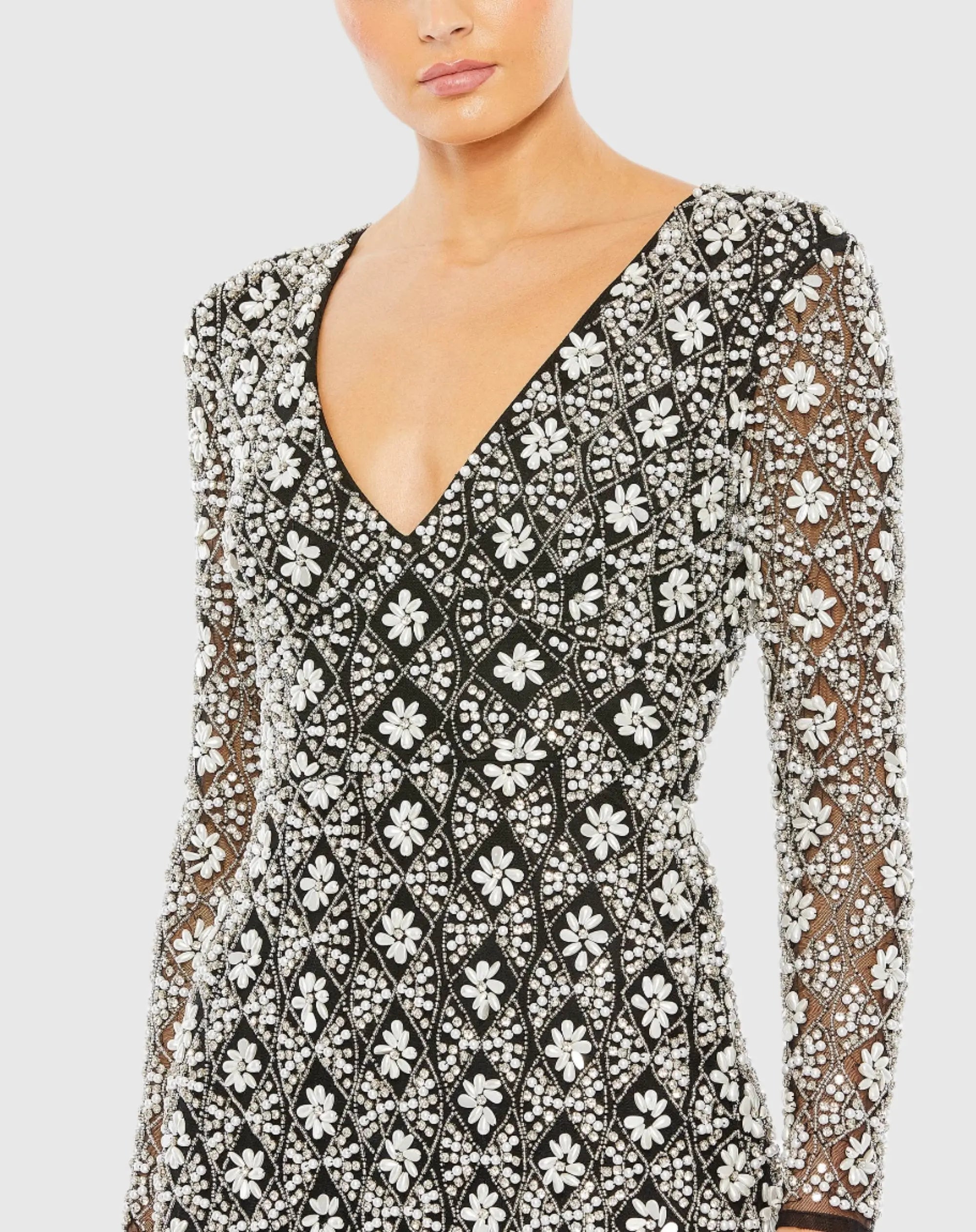 Black Fully Beaded Long Sleeve Column Gown