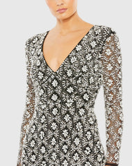 Black Fully Beaded Long Sleeve Column Gown