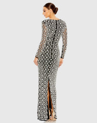 Black Fully Beaded Long Sleeve Column Gown