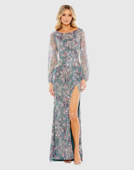 Gray Embellished Illusion Long Sleeve Faux Wrap Gown