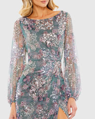 Gray Embellished Illusion Long Sleeve Faux Wrap Gown