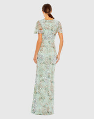Green Embellished Butterfly Sleeve Faux Wrap Gown