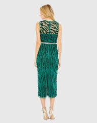 Green Embellished Sleeveless Illusion High Neck Dress