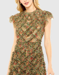 Green High Neck Ruffle Cap Sleeve Floral Dress
