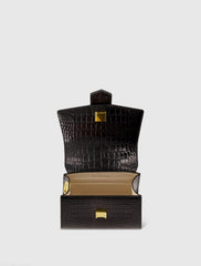 Black Buckled Mini Croco Leather Handbag with Detachable Strap