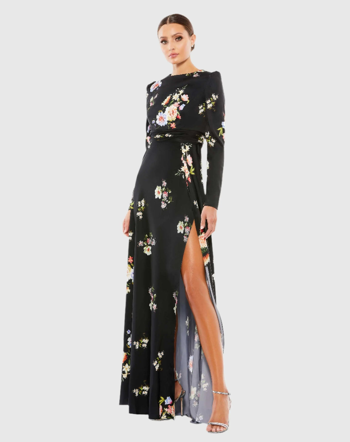 Black High Neck Long Sleeve Faux Wrap Gown