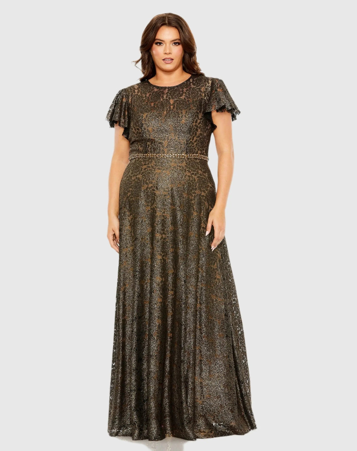 Black and Brown Lace Butterfly Sleeve Beaded Belt Gown