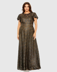 Black and Brown Lace Butterfly Sleeve Beaded Belt Gown