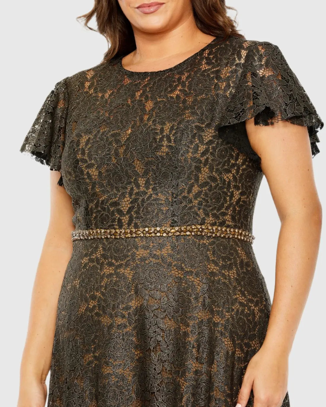 Black and Brown Lace Butterfly Sleeve Beaded Belt Gown