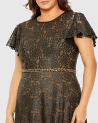Black and Brown Lace Butterfly Sleeve Beaded Belt Gown
