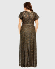 Black and Brown Lace Butterfly Sleeve Beaded Belt Gown