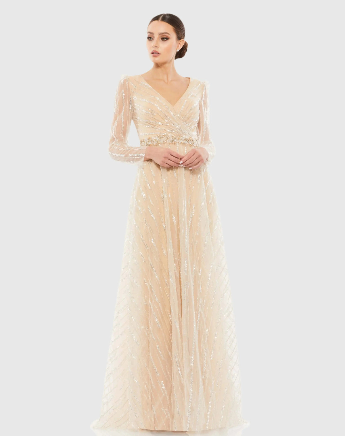 Beige Long Sleeve Gown with Silver Sequin