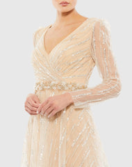 Beige Long Sleeve Gown with Silver Sequin