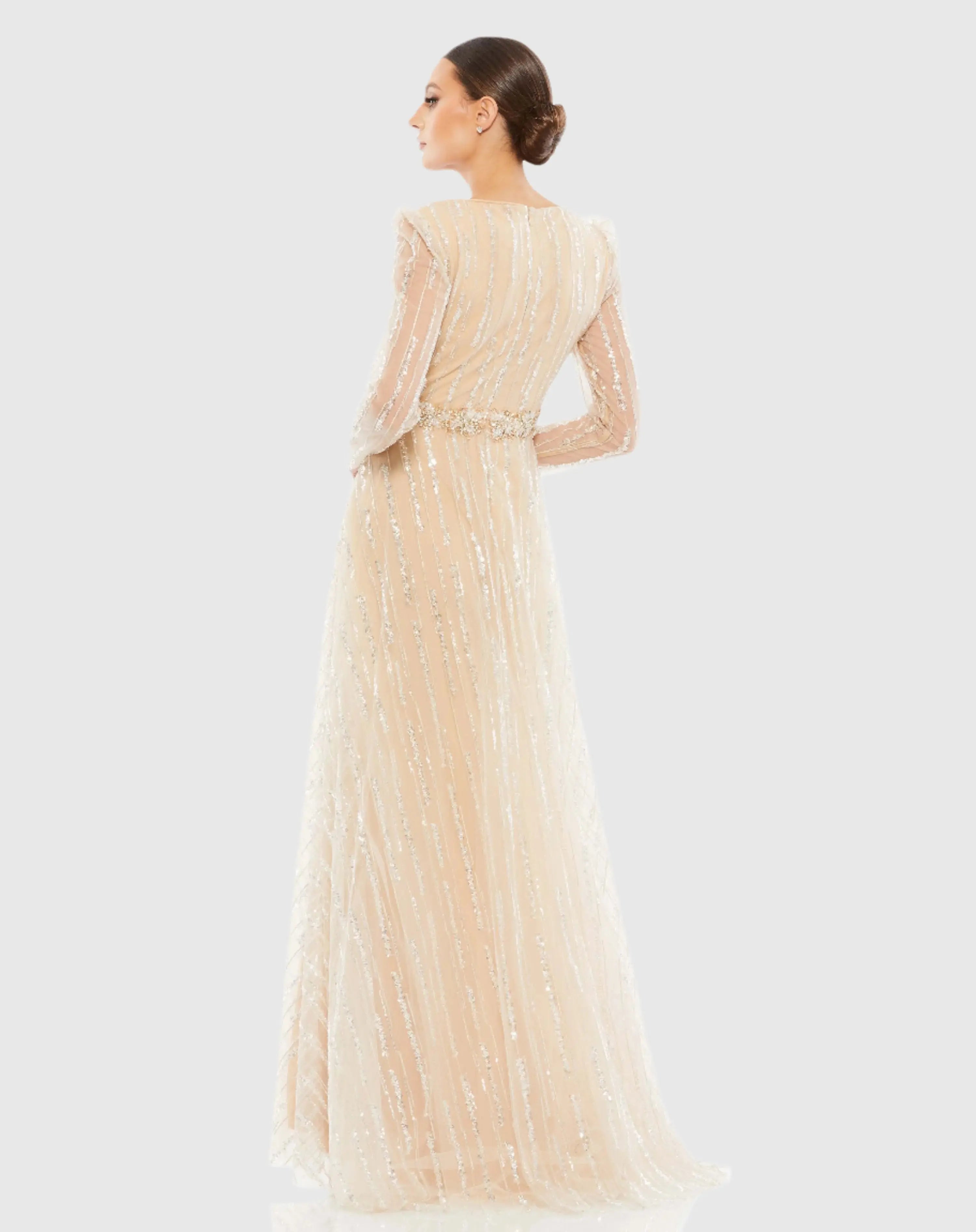 Beige Long Sleeve Gown with Silver Sequin