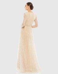 Beige Long Sleeve Gown with Silver Sequin