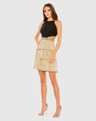Black and Gold Metallic Pleated Cutout Cocktail Dress