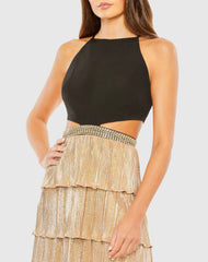 Black and Gold Metallic Pleated Cutout Cocktail Dress