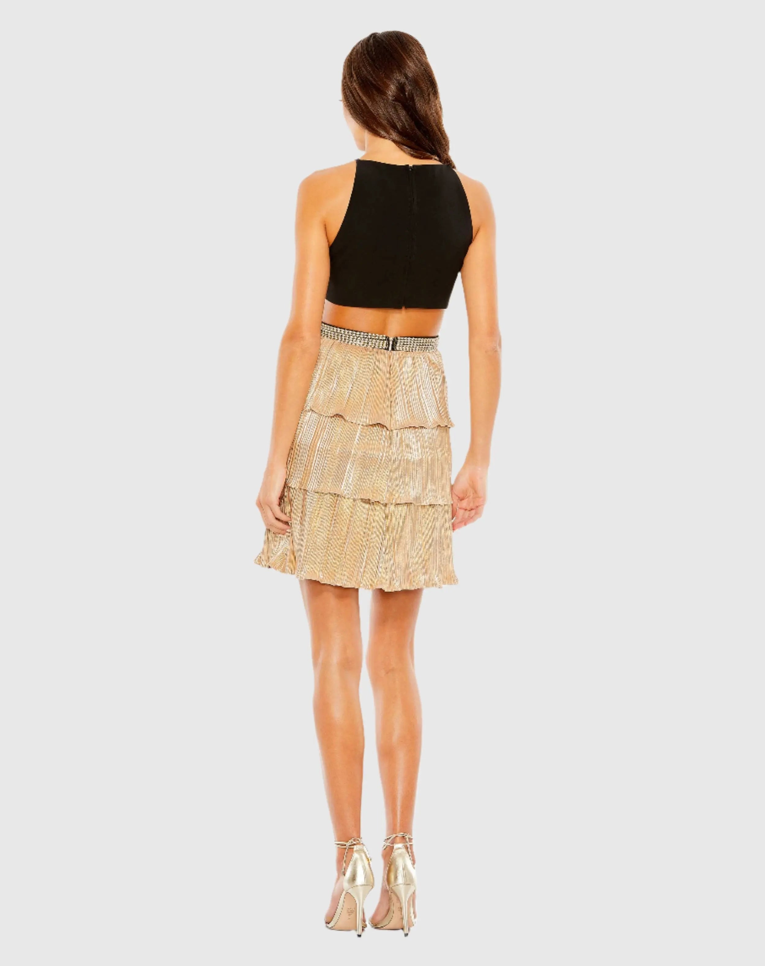 Black and Gold Metallic Pleated Cutout Cocktail Dress