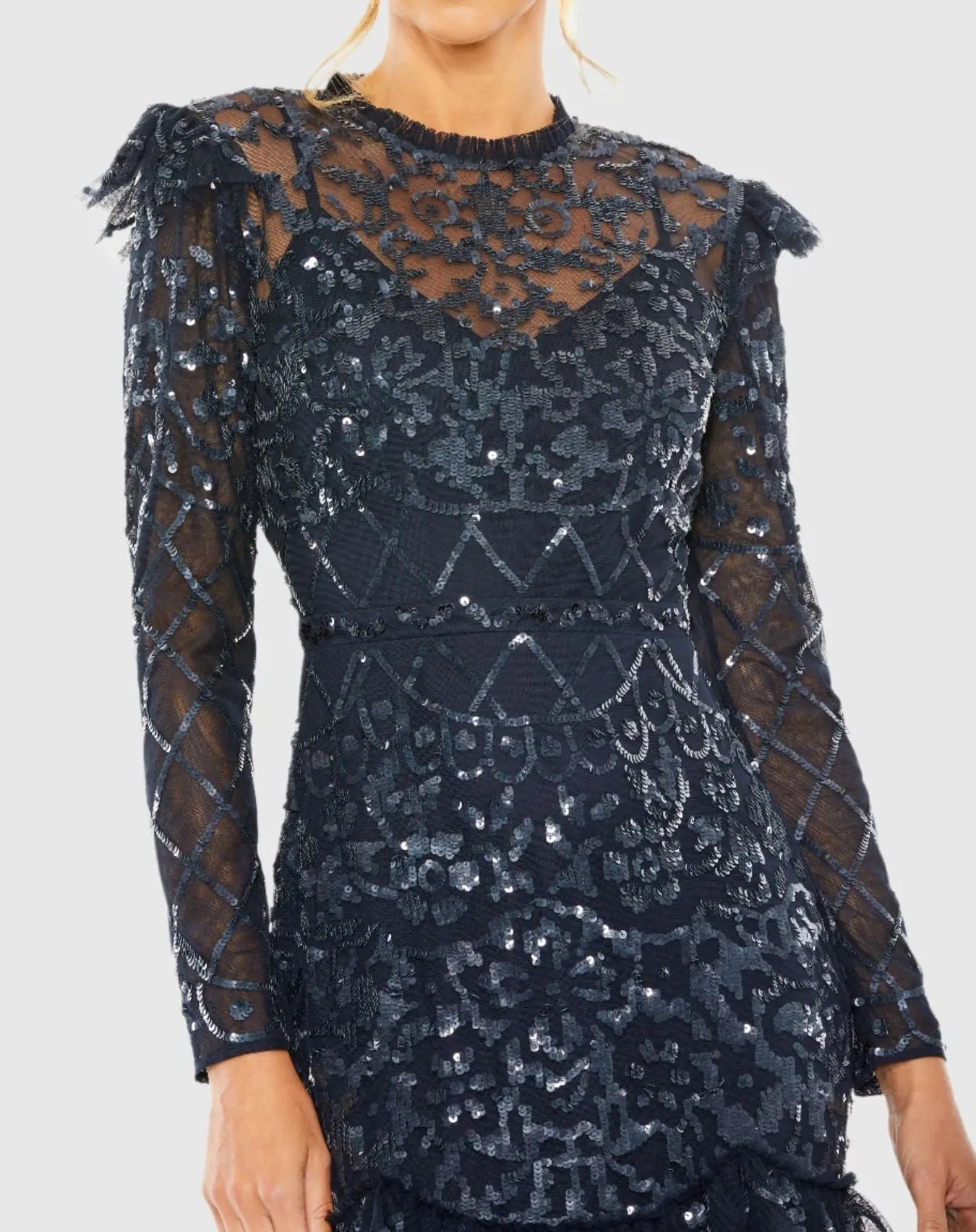 Navy High Neck Tiered Embellished Dress